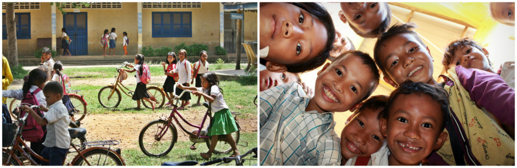 (Left) students getting on bicycles to go home after school: (Right) children in the school.